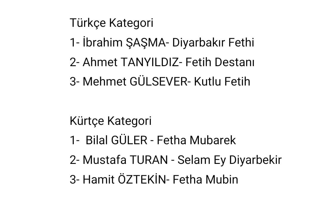 Diyarbakır Fetih Marşı Güfte Yarışması Sonuçları Açıklanmıştır.